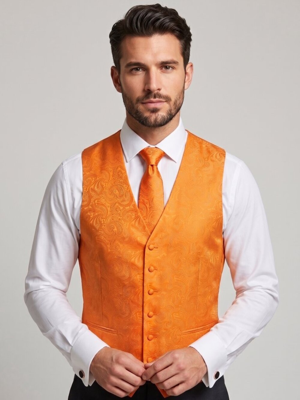 NWT | DiBanGu Men's Orange Paisley Vest Tie Pocket Square Cufflinks Set XXXL